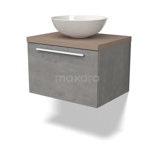 Grauer Waschbeckenunterschrank mit Holzplatte, keramischem runden Aufsatzwaschbecken und Metallgriff, ideal für moderne Bäder.