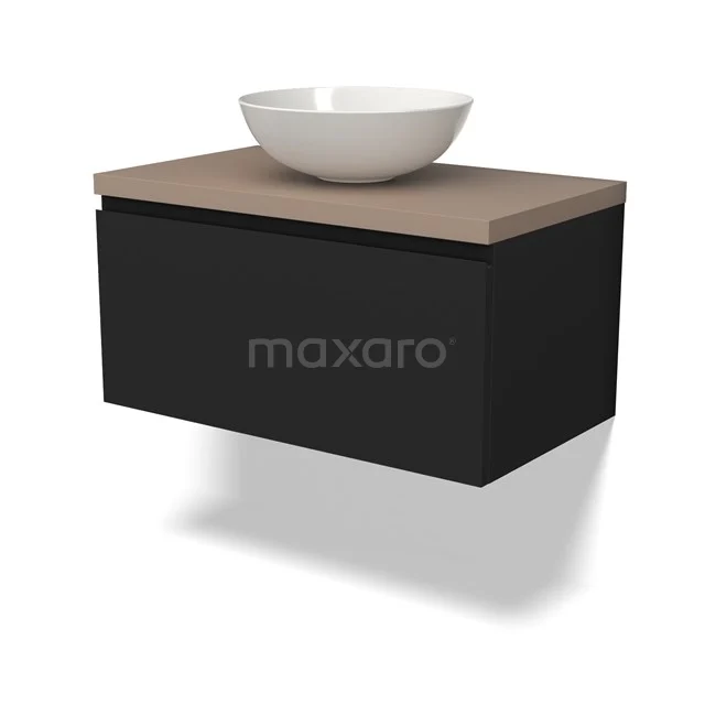 Zweifach schwarzer Badschrank mit Holzoptik Platte und weißem rundes Waschbecken, modernes Design für stilvolle Bäder.