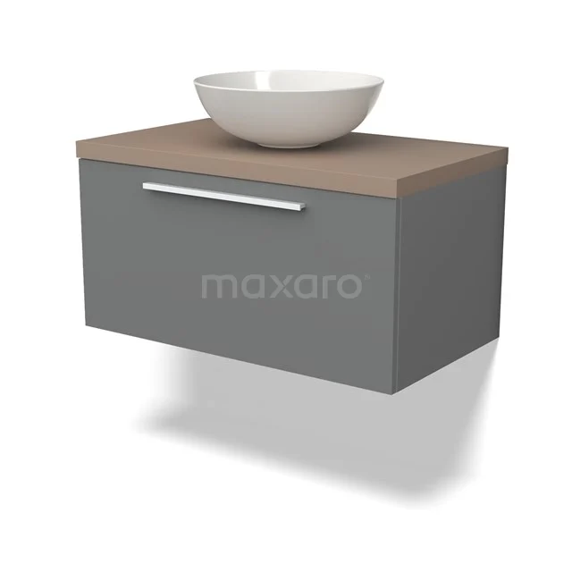 Grauer hängender Badschrank mit Holzplatte und weißem Aufsatzwaschbecken, modernes Design und schlanke Form für stilvolle Badezimmergestaltung.