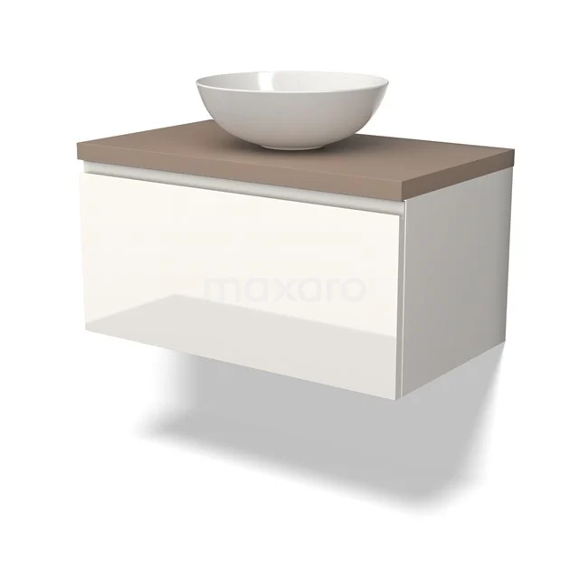 Weiße schwebende Badschrank mit Holzlook Platte und runder Aufsatzwaschbecken, ideal für moderne Badezimmerinrichtungen.