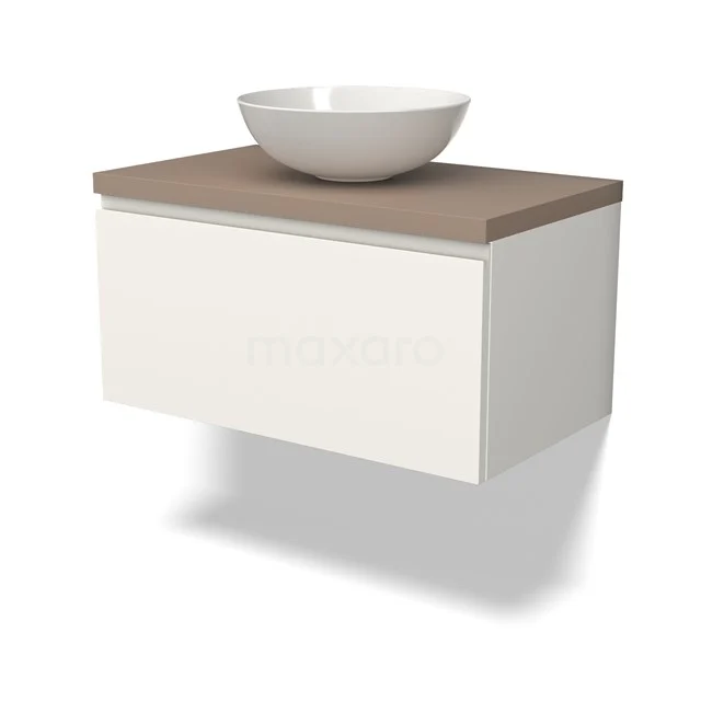 Modulo Plato Badmöbel mit Aufsatzwaschbecken | 80 cm Matt Weiß Grifflos front Taupe blatt 1 Schublade BMK11-02412 Weißes schwebendes Badezimmermöbel mit Holzlook Platte, keramischer Schüssel und modernem Design. Perfekt für eine stilvolle Badezimmer Einrichtung.