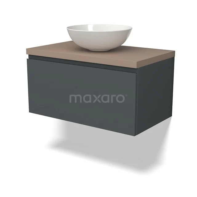 Wandhängendes Badmöbel, Dunkelgrau mit Holzlook Platte und weißem Aufsatzwaschbecken, modernes Design.