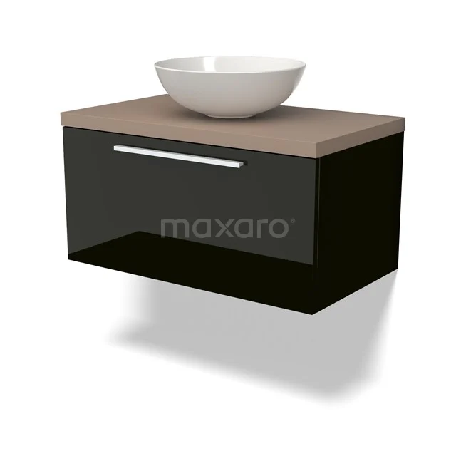 Schwarzer hängender Badschrank mit Schublade, Holzplatte und weißem keramischen Waschbecken, modernes Design für Badezimmerstil.