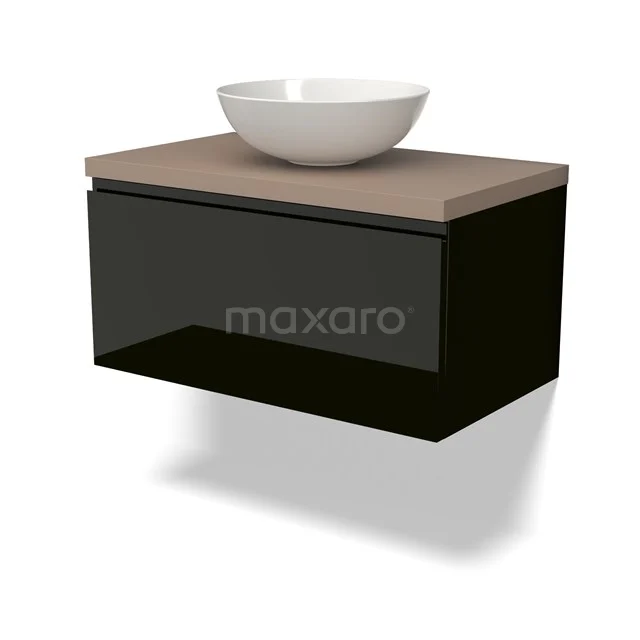 Schwarzes hängendes Badmöbel mit Holzplatte und runder weißer Aufsatzwaschbecken, modernes Design für ein stilvolles Badezimmer.