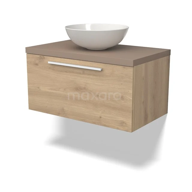 Holz-Badmöbel mit Waschbecken, wandhängendes Design in Eichenoptik, einschließlich modernem keramischen Aufsatzwaschbecken.