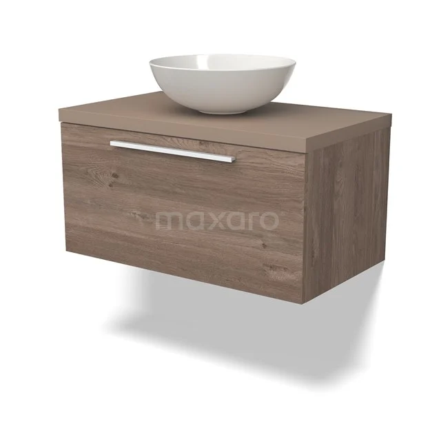 Holz Badezimmermöbel mit Schublade und weißem keramischen Aufsatzwaschbecken, modernes Design in Eiche-Optik.