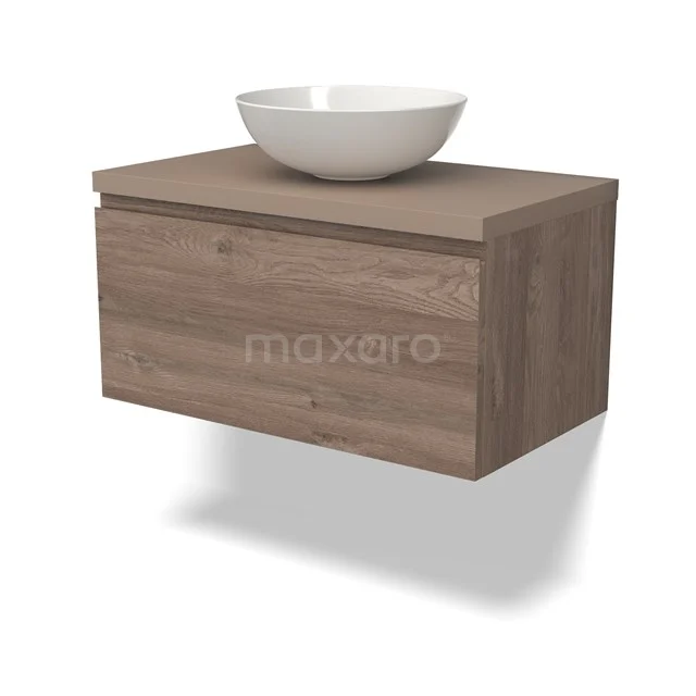 Modulo Plato Badmöbel mit Aufsatzwaschbecken | 80 cm Mittelbraune Eiche Grifflos front Taupe blatt 1 Schublade BMK11-02426 Holz hängendes Badezimmermöbel mit keramischem Aufsatzwaschbecken, Eichenoptik, modernes Design, geeignet für kleines Badezimmer.