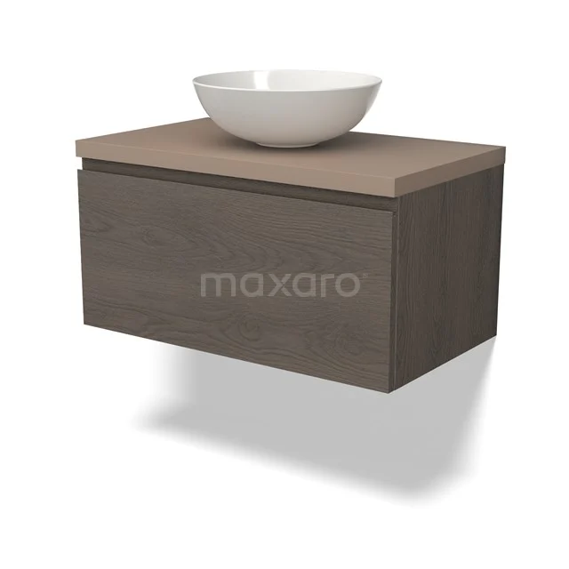 Badkamermeubel houtlook met wastafel, wit keramiek, modern zwevend ontwerp, ideaal voor compacte badkamerinrichting.