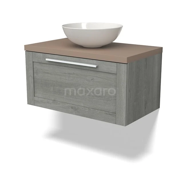 Wooden bathroom unit grey oak look, with one drawer, solid worktop and round white countertop wash basin for a modern bathroom style.