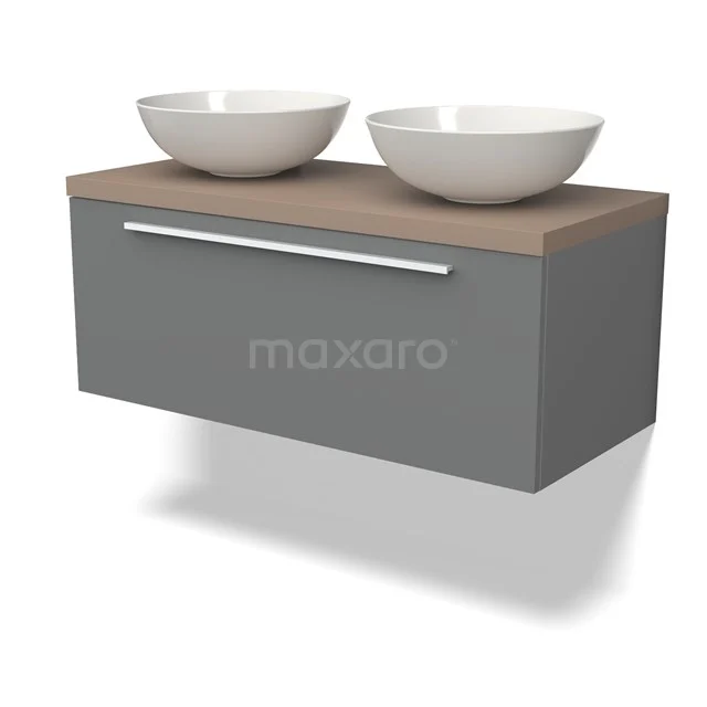 Graue schwebende Badmöbelset mit Holzlook Platte und zwei weißen Schalen, modernes Design mit metallischem Haltegriff.