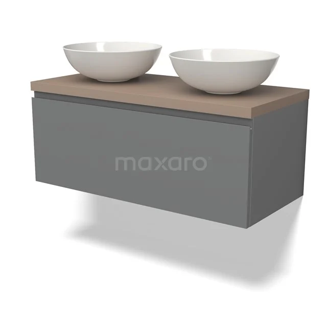 Waschtischunterschrank mit Konsole BMK11-02438 Grau Badmöbel mit Holz Platte und zwei runden weißen Aufsatzwaschbecken, modernes Design für ein stilvolles Badezimmer.