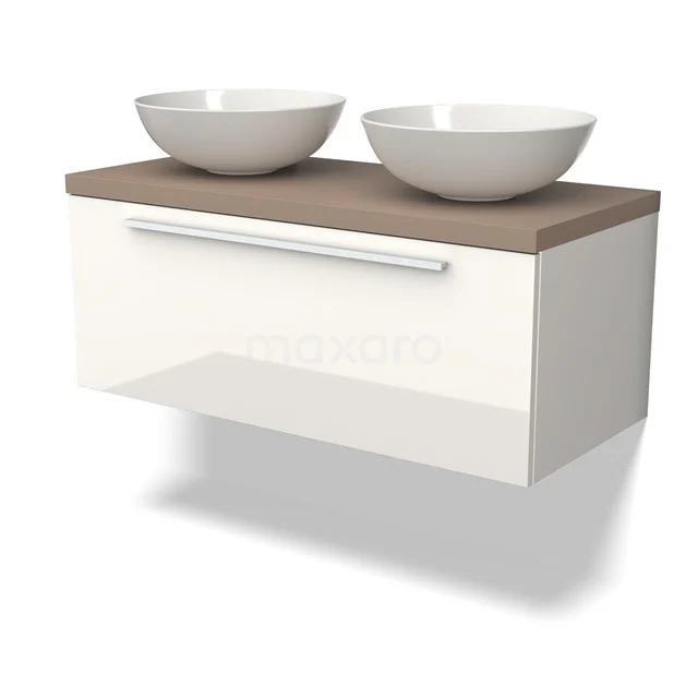 Weißes hängendes Badezimmermöbel mit Holzplatte und doppelten runden Aufsatzwaschbecken, perfekt für eine moderne Badezimmergestaltung.