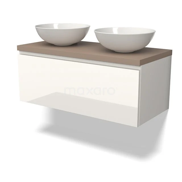 Wandhängendes Badezimmermöbel weiß mit Holzplatte und zwei runden Aufsatzwaschbecken, modernes Design für ein stilvolles Badezimmer.