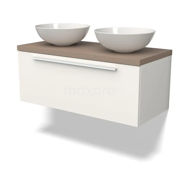 Weißes hängendes Badezimmermöbel mit Holzlook Platte und zwei runden Aufsatzwaschbecken, modernes Design und sauber verarbeitetem Spiegelrahmen.