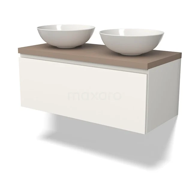 Modern schwebendes Badezimmermöbel mit weiß mattem Schublade, holzfarbener Platte und zwei ovalen weißen Aufsatzwaschbecken.