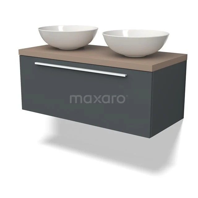 Dunkelgraue hängende Badmöbel mit Holzlook Platte und zwei weißen Aufsatzwaschbecken, modernes Design.