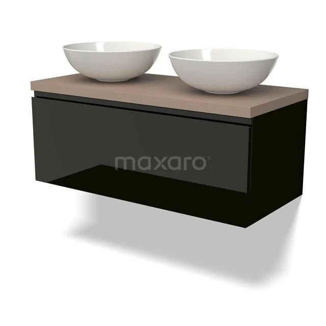 Schwarzes schwebendes Badezimmermöbelset mit Holzplatte und zwei weißen Aufsatzwaschbecken, modernes Design.