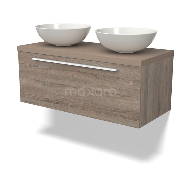 Holz Badezimmermöbel mit Schublade, zwei weißen Aufsatzwaschbecken, modernes Design, ideal für stilvolle Badezimmergestaltung.