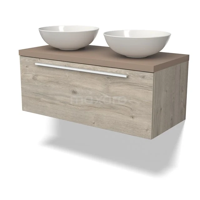 Holz Badezimmermöbel mit Schublade, Naturlook, einschließlich zwei weißen Waschbecken, ideal für ein modernes Badezimmer.