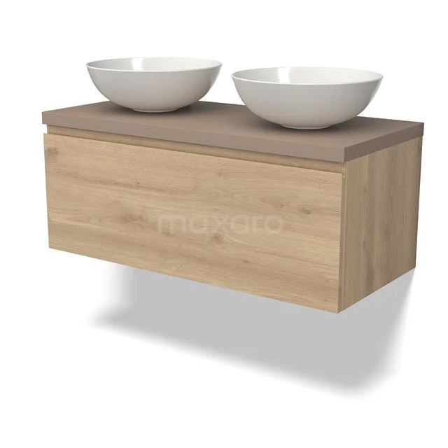 Holz Badezimmermöbel mit doppelten Aufsatzwaschbecken, natur Eiche Oberfläche und modern schwebendem Design.