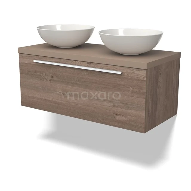 Modulo Plato Vanity units for countertop basin | 100 cm Mid brown oak Flat front Taupe worktop 1 drawer BMK11-02456