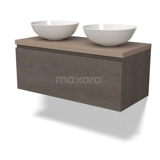 Vrijhangend badkamermeubel in houtlook met dubbele keramische waskommen, modern design en ruime opberglade.