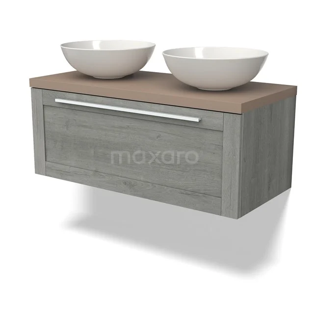 Waschtischunterschrank mit Konsole BMK11-02463 Graues Holz-Badmöbel mit zwei weißen keramischen Waschbecken, hängendes Design mit modernem Schubfach und metallischem Haltegriff.