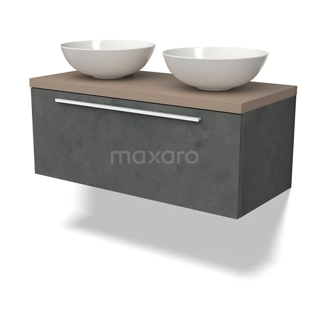 Waschtischunterschrank mit Konsole BMK11-02465 Zwevende Badmöbelset in Betonlook mit Holzfurnier Platte, doppelten weißen Aufsatzwaschbecken und metallischem Haltegriff.