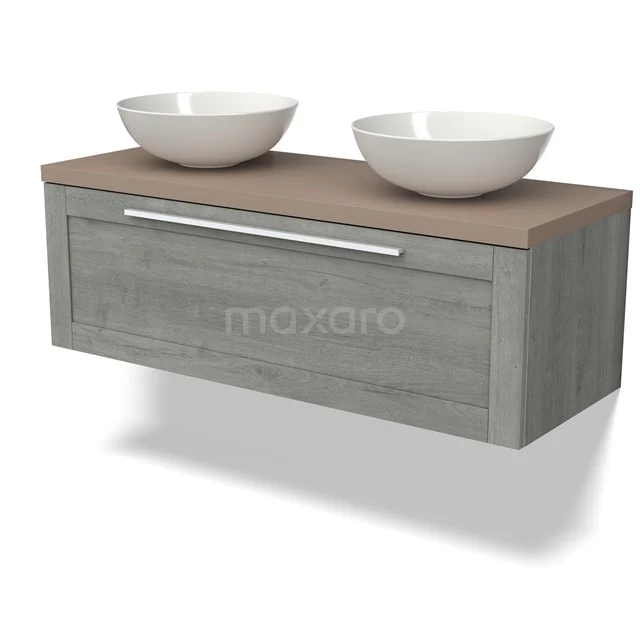 Grey wooden bathroom unit with two white countertop wash basins and one drawer, modern design. Perfect for a stylish bathroom.