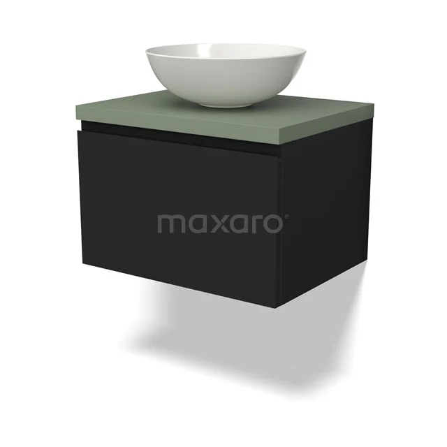 Zwevende schwarze Badmöbel mit grünem Waschtischplatte und weißer runder Aufsatzschale, modernes Design.