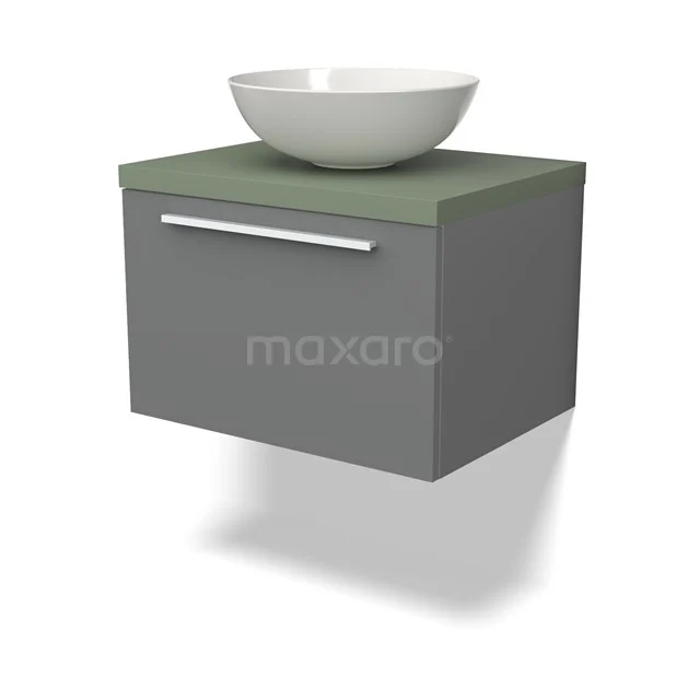 Grau hängendes Badmöbel mit grünem Waschtischplatte und weißer Schüssel, modernes Design und eine Schublade für zusätzlichen Stauraum.