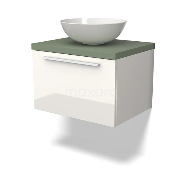 Weißes hängendes Badmöbel mit grüner Oberseite und rundem Waschbecken, modernes Design für ein stilvolles Badezimmer.