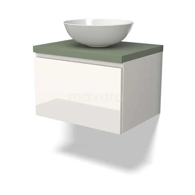 Zwevende weiße Badschrank mit grüne Platte und rundes Waschbecken, modernes Design für ein zeitgemäßes Badezimmer.