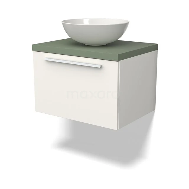 Waschtischunterschrank mit Konsole BMK11-02506 Weißes hängendes Badezimmermöbel mit grünem Blatt, keramischem Aufsatzwaschbecken und metallischem Haltegriff, modernes Design.