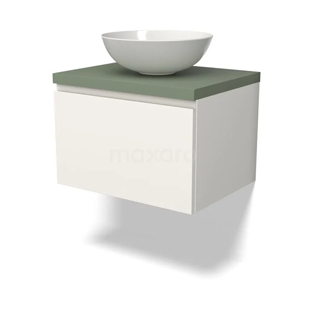 Waschtischunterschrank mit Konsole BMK11-02508 Wandhängendes Badezimmermöbel mit grünem Beton-Waschtischplatte, weißer Schublade und runder weißer Aufsatzwaschbecken.