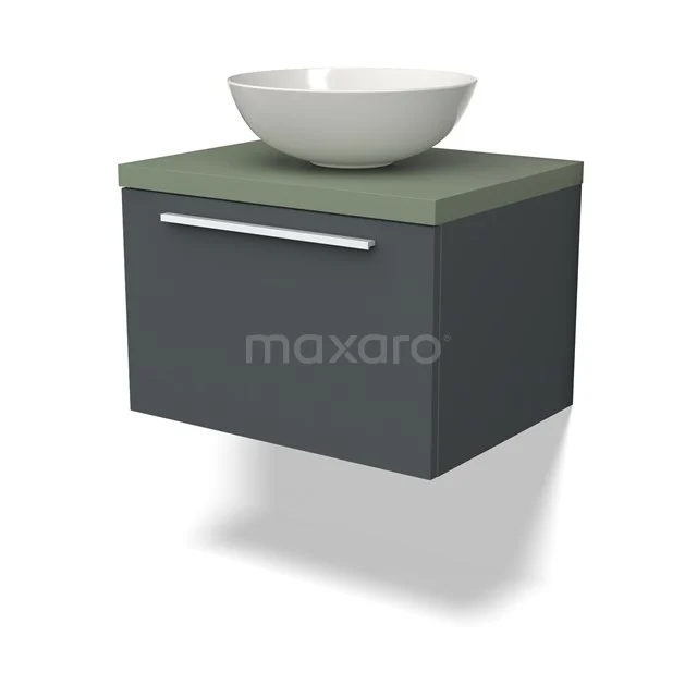 Grau-wandhängendes Badmöbel mit olivgrüner Arbeitsplatte und weißem Aufsatzwaschbecken, moderner Stil.