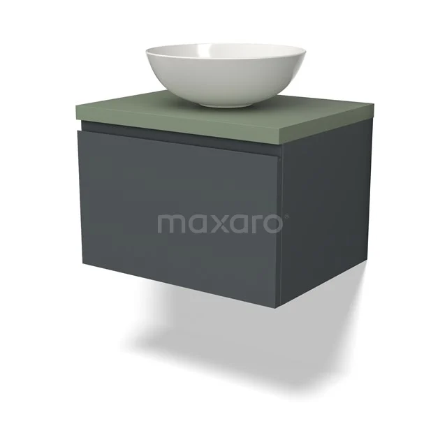 Hängendes schwarzes Badezimmermöbel mit mattem grünen Platte und weißem keramischen Aufsatzwaschbecken, modernes Design für kompakte Bäder.