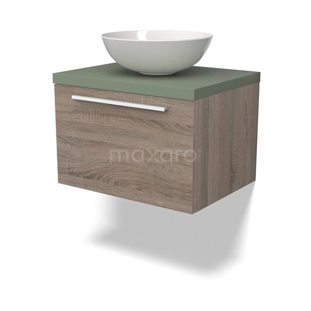 Hängendes Badezimmermöbel Holzoptik mit grüner Platte und weißem Aufsatzwaschbecken, modernes Design ideal für stilvolle Badezimmergestaltung.