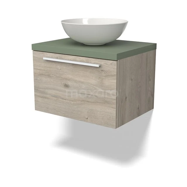 Holz hängendes Badezimmermöbel mit grüner Oberseite, weißem rundem Waschbecken und Schublade mit Metallgriff. Modernes und kompaktes Design.