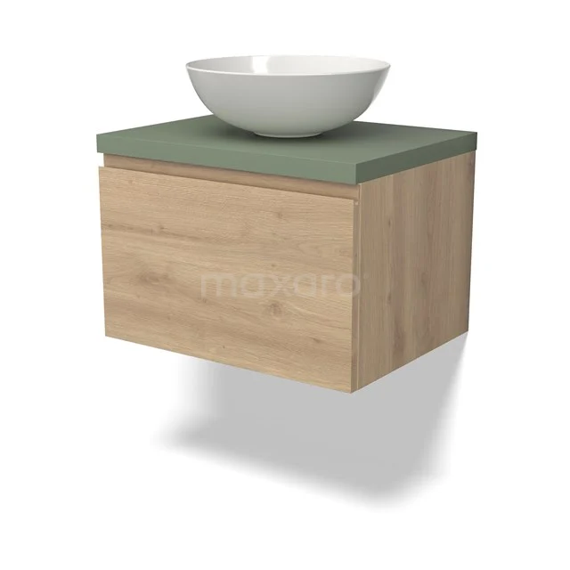 Zwevend Badmöbel von leichter Eiche, grüner Waschbeckenplatte und weißer komfömiger Waschbecken, modernes Design.