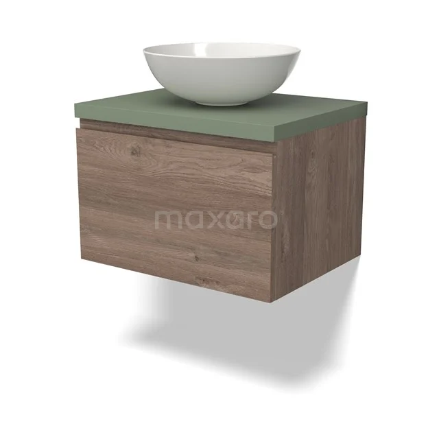 Modulo Plato Vanity units for countertop basin | 60 cm Mid brown oak Handle-less front Sage green worktop 1 drawer BMK11-02522