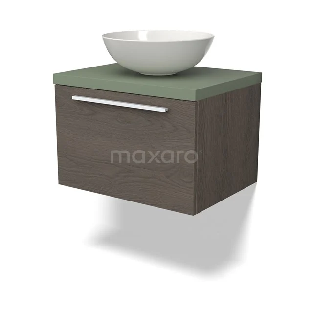 Wandhängendes Badmöbel mit Waschbecken, Holzlook-Oberfläche, grüner Oberplatte, modernes Design.