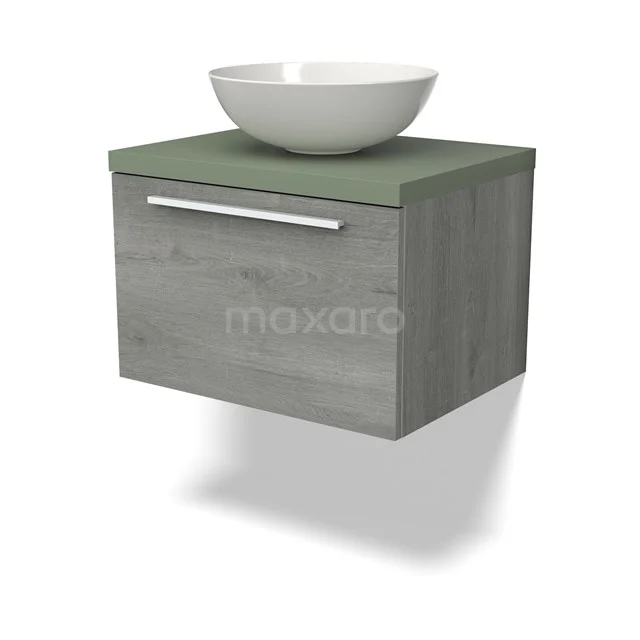 Hölzernes Badezimmermöbel mit grünem Waschtischplatte und weißem Aufsatzbecken, moderner schwebender Stil mit Schubladenschrank.