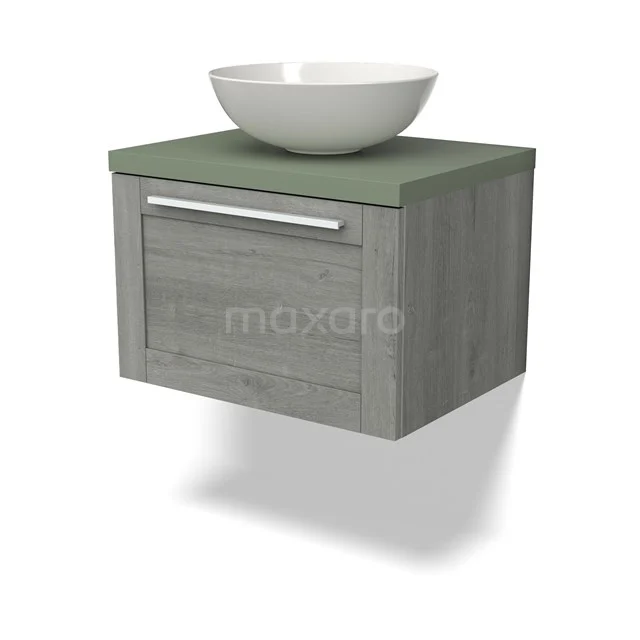 Moderne Holz-Waschtisch mit einer grünen Oberseite und einem weißen Aufsatzwaschbecken, ideal für eine stilvolle Badezimmer Einrichtung.