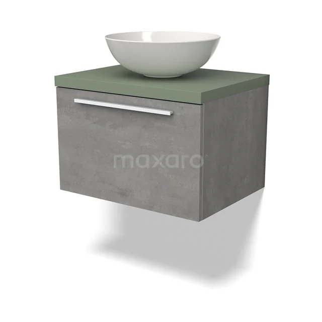 Waschtischunterschrank mit Konsole BMK11-02528 Graue Wandkommode mit einer grünen Platte und einem weißen Aufsatzwaschbecken, modernes Badezimmermöbel aus Betonlook-Material.