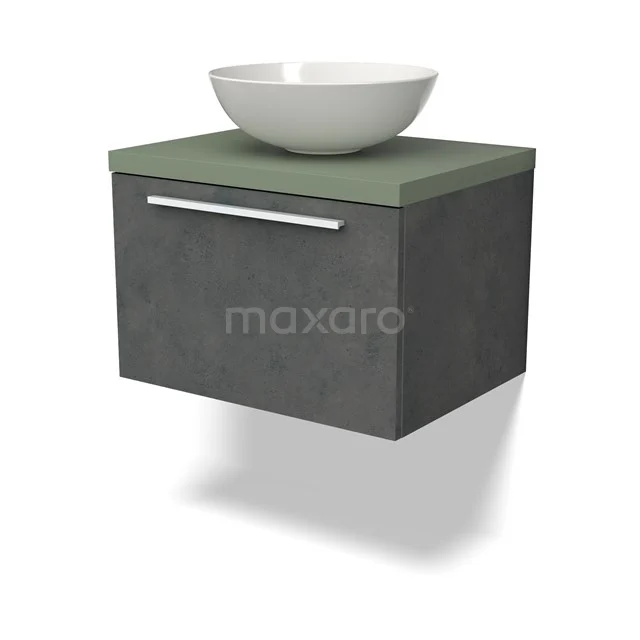 Waschtischunterschrank mit Konsole BMK11-02529 Hanggreeploos Badmöbel in Betonlook mit grünem Platte und weißem Aufsatzwaschbecken, perfekt für einen modernen Badezimmerstil.