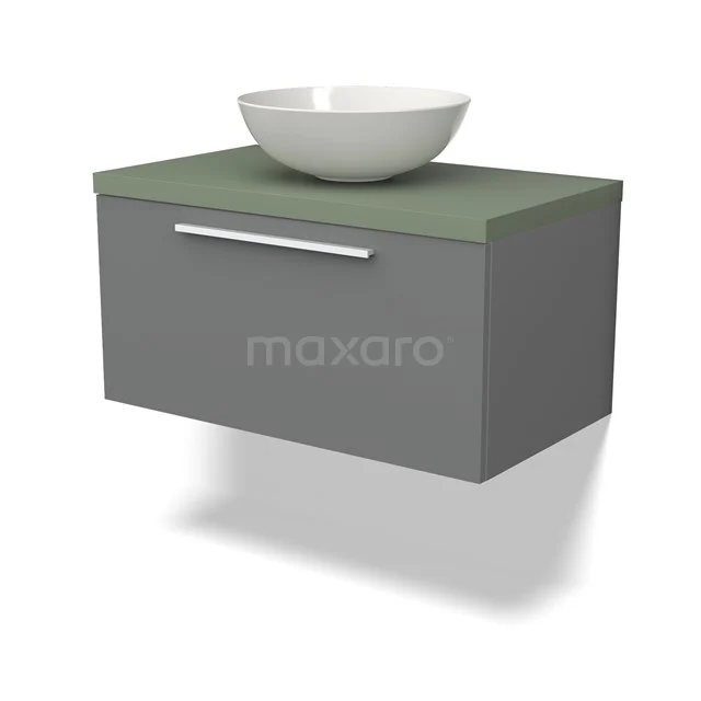 Dunkelgraue Badmöbel mit grünem Platte und weißem Aufsatzwaschbecken, modernes schwebendes Design aus hochwertigem Material.