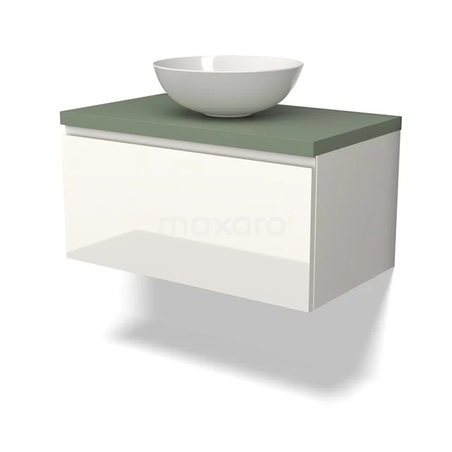 Weißes schwebendes Badezimmermöbel mit grünem Platte und rundem Waschbecken, modernes Design, ideal für stilvolle Badezimmergestaltung.