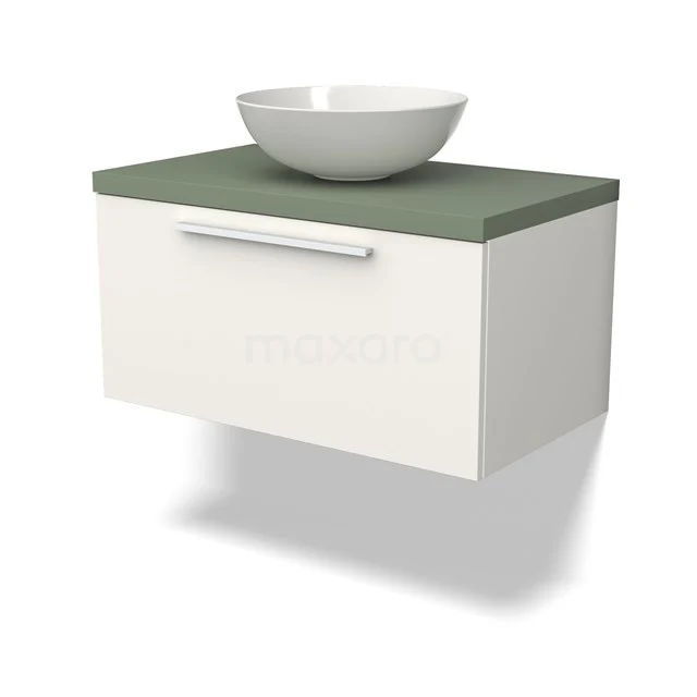 Wandhängendes Badezimmermöbel weiß mit grünem Waschtischplatte und runder Aufsatzwaschbecken, modernes Design aus Holz.