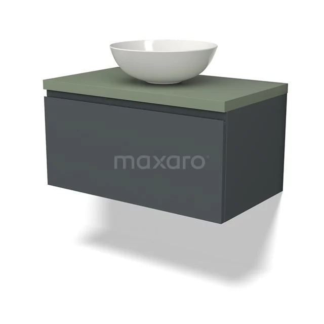 Dunkler hängender Badschrank mit grüner Platte und weißem schalenförmigen Waschbecken, ideal für ein modernes Badezimmer.